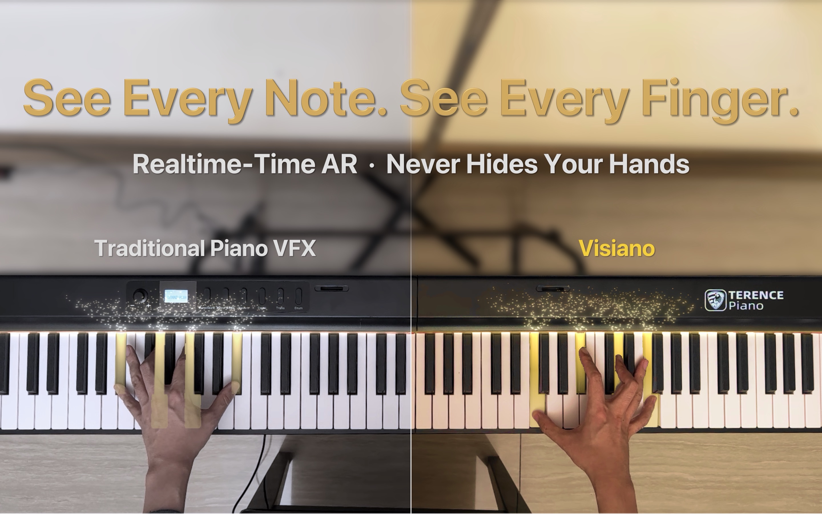 Visiano comparison image showing visible hands and keys beside a traditional effect style that covers them.