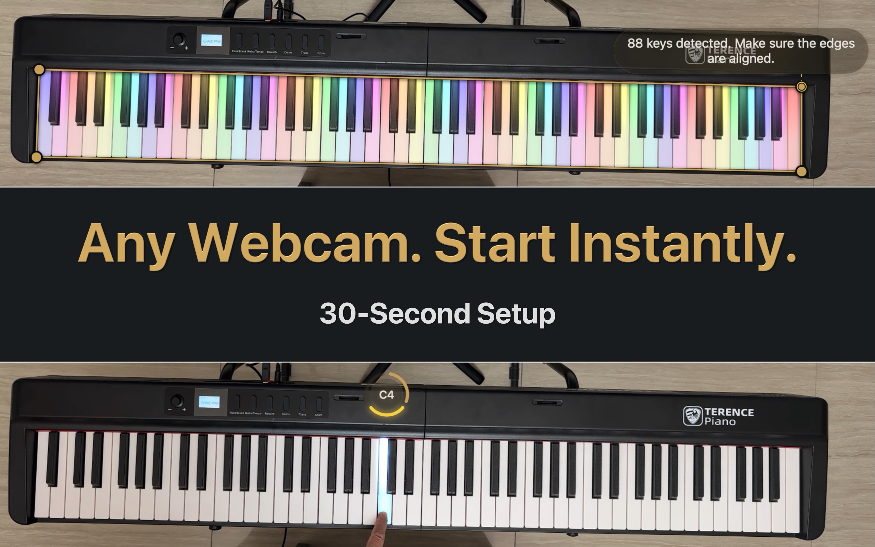 Visiano calibration screenshot showing keyboard alignment and setup controls.