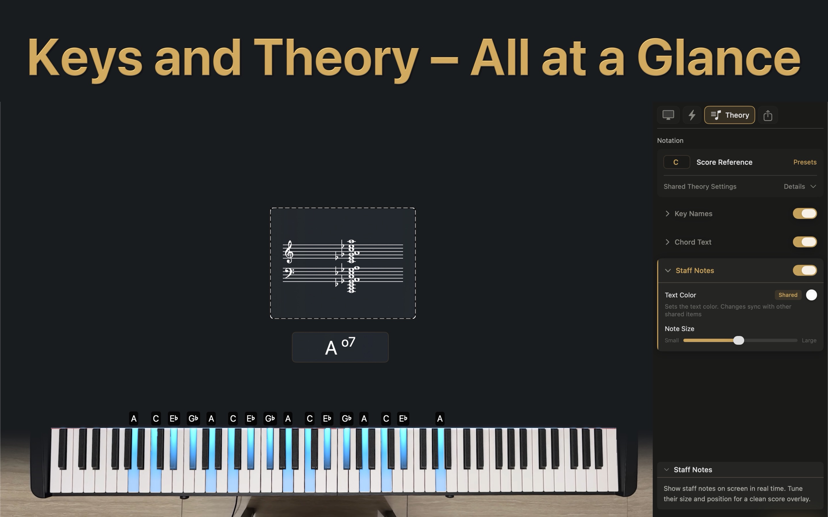 Visiano teaching screenshot showing hands, chords, staff notes, and key names together.