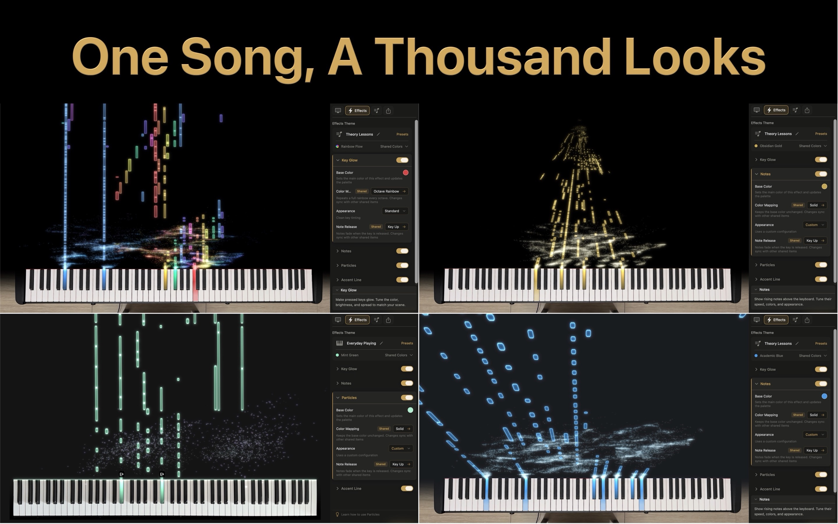 Visiano preset gallery showing multiple visual styles for the same musical phrase.